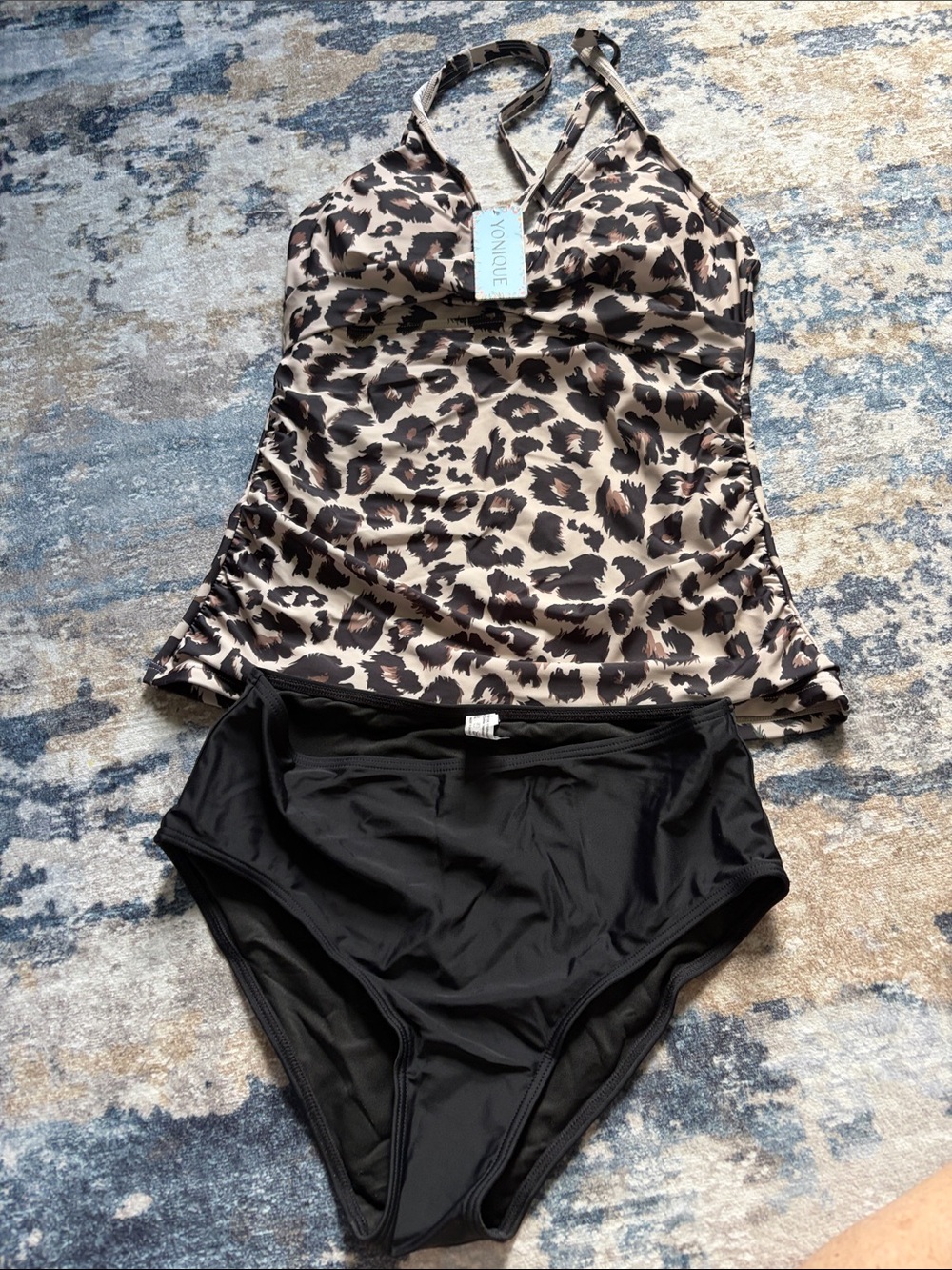 Tankini Set with Leopard Print Top and Black Bottoms